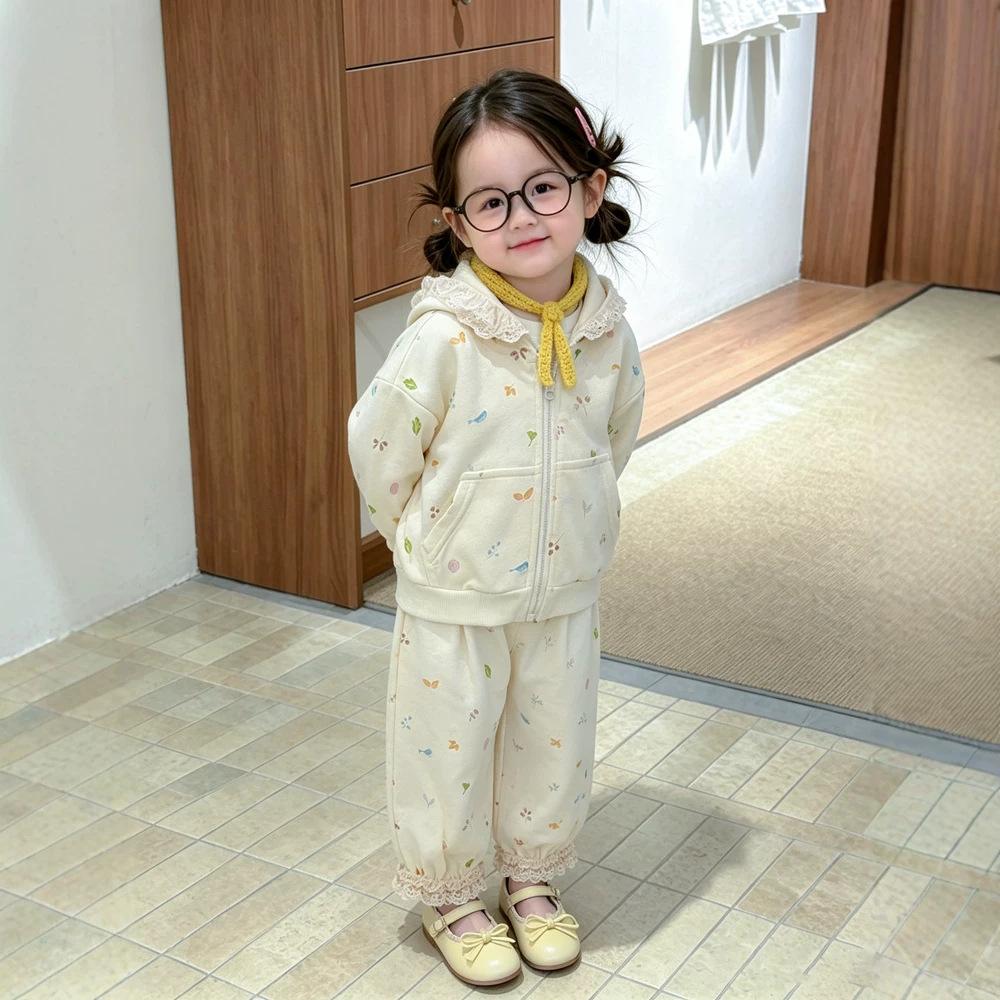 Girls Sweet Autumn Suit Baby Foreign Floral Lace Hooded Sweater Plus Casual Leggings Children'S Clothing