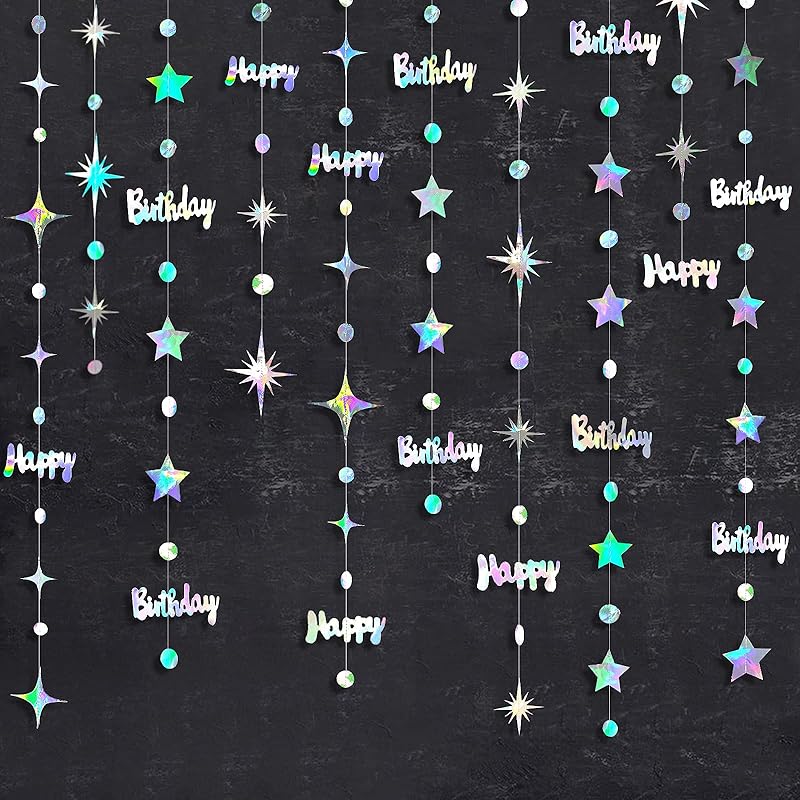 Iridescent Happy Birthday Decorations Circle Dot Twinkle Star Garland Kit Metallic Holographic Hanging Streamer Bunting Banner Backdrop for Women,