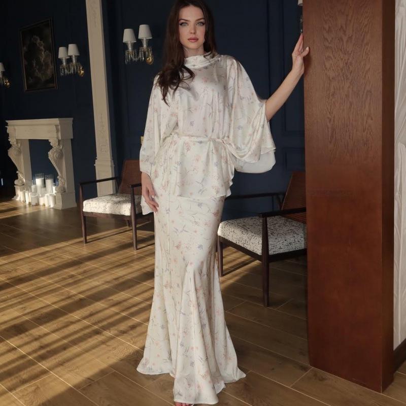 2025 Fall Women’s European Style Batwing Sleeve Tie-Up Top & Floral Print Skirt Set