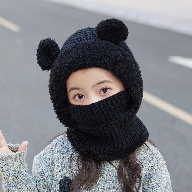 Children's hat winter outdoor velvet warm knitted wool hat cartoon cute bear mask scarf integrated hat