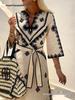 European & American Bohemian Printed Belt Dress - Autumn/Winter Women's Fashion.