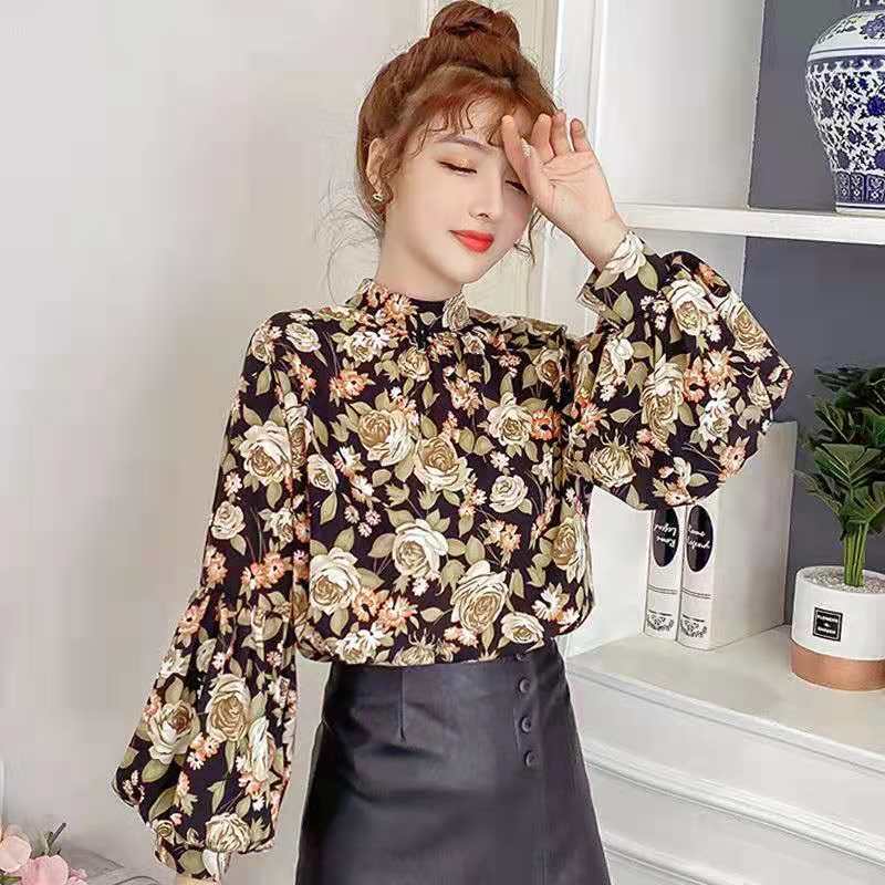Lucerna rukávy Šifonová košile Jarní novinka Retro Fragmentovaná květinová společenská halenka Dámské tričko s dlouhým rukávem ve stoje