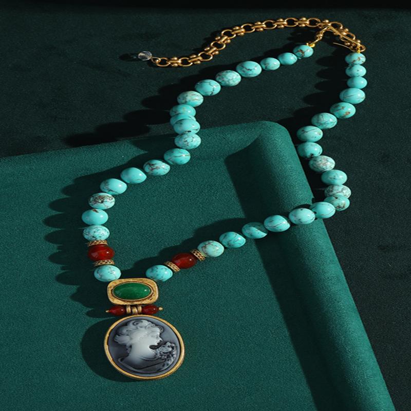 Vintage Türkis Halskette Für Frau Lange Perlenkette Ovales Cameo Kopf Anhänger Schmuck Geschenk Antik Boho Accessoires Böhmen