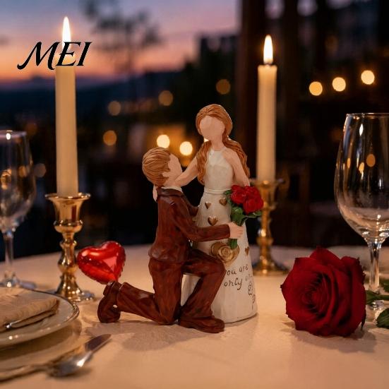 Tabletop Romantic Proposal Figurines Faceless Wedding Couple Figurine, Resin Statue, Engagement Souvenirs with Rose Details Sculpture for Living Room