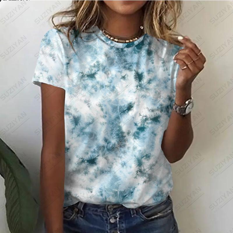 Nowy damski, luźny, duży top ze stylowym i stylowym temperamentem. Druk 3D. Prosty damski top z okrągłym dekoltem i krótkim rękawem.