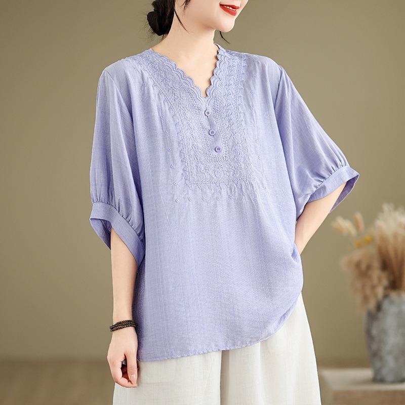 Summer Cotton Linen Art Retro Ethnic Style Heavy Embroidery Simple Top T-shirt for Women