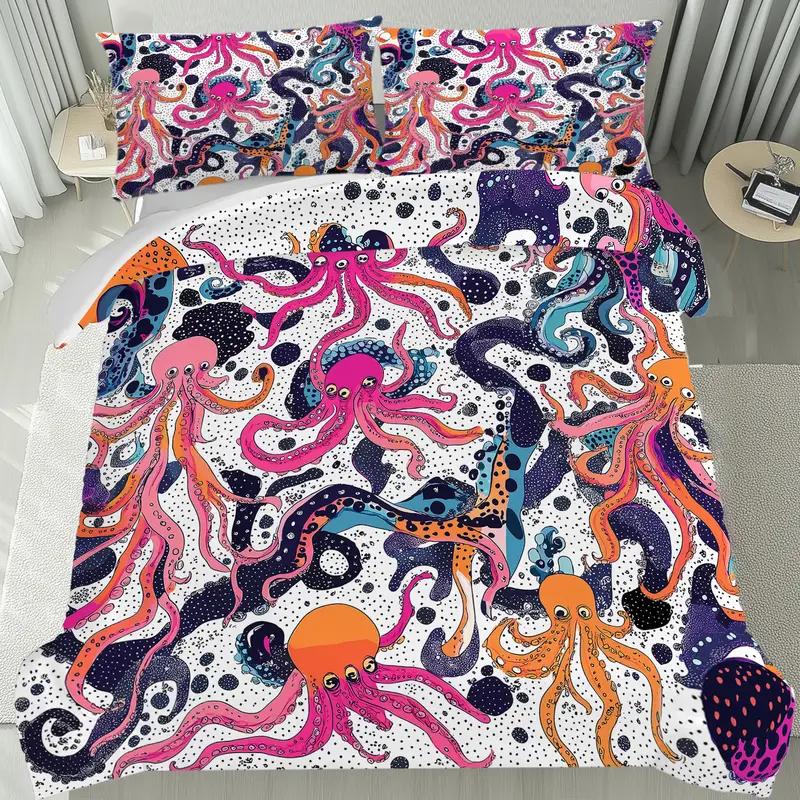 Vintage Octopus Duvet Cover Set, Nautical Sea Life Print Quilt Cover, Soft Comfortable Breathable Bedding Set For Home Decor