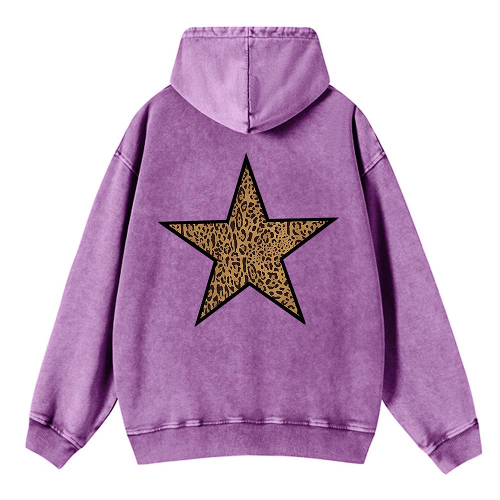 Vintage Womens Acid Wash Hoodies Leopard Pentagram Printing Pullovers Pocket Oversize Cotton Sweatshirts Clothes