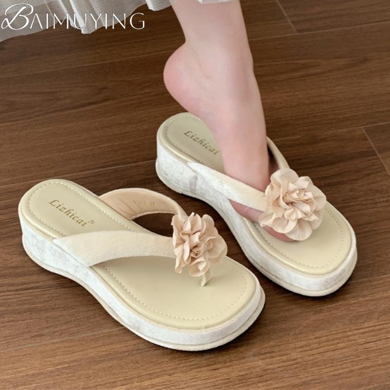 Fashion Flower Women Flip Flops Wedges Slippers Flat Sandals Casual Shoes Woman 2025 Trend Beach Clip Toe Summer Platform Comfort Slides