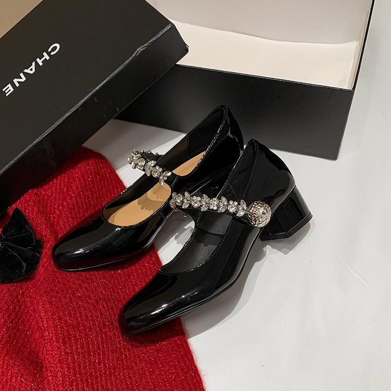 Fairy wind 2025 new French high-heeled leather round head rhinestone word with thick heel Mary Jane single shoes commuting