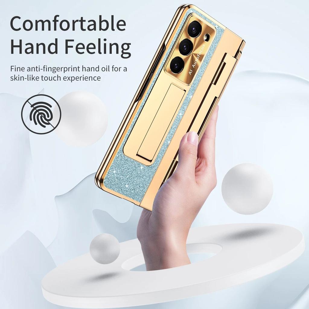 Luxury Plating Leather Bracket Hinge Protection Case for Samsung Galaxy Z Fold 5 4 3 Case with Screen Protector Cover