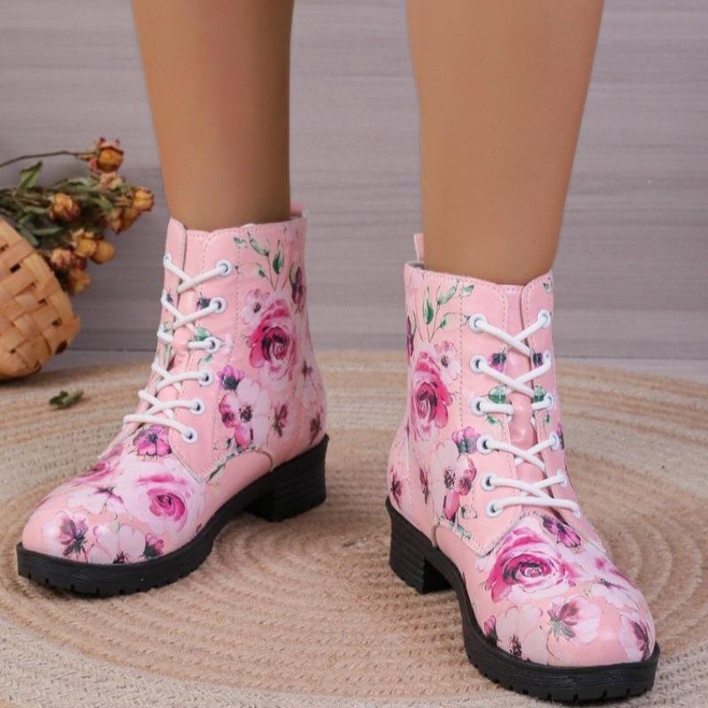 Women's 2025 Rose Print Combat Boots High Top Gothic Platform Workboots Wide Fit Non-Slip Comfortable Ankle Boots Fashion