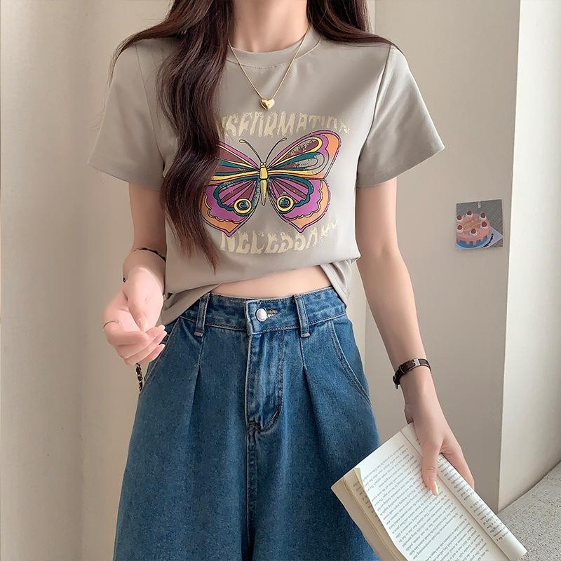 

Футболка с короткими рукавами и бабочкой на плече для женщин. Летний новый короткий топ для женщин с короткими рукавами XL