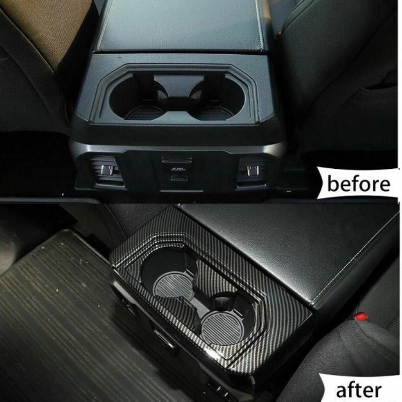 ABAIWAI For Ford F150 F-150 2015- ABS Autobon Fiber Auto Rear row seat center Water Cup Holder Cover Trim Interior Styling