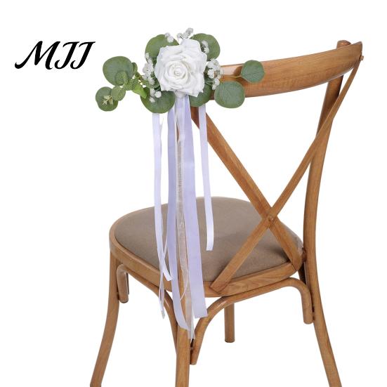 Wedding Photo Prop Decor Car Door Handle Flower with Ribbon Tie And Green Leaves, White Artificial All In One Decoration Rose Rearview Mirror Bouquet