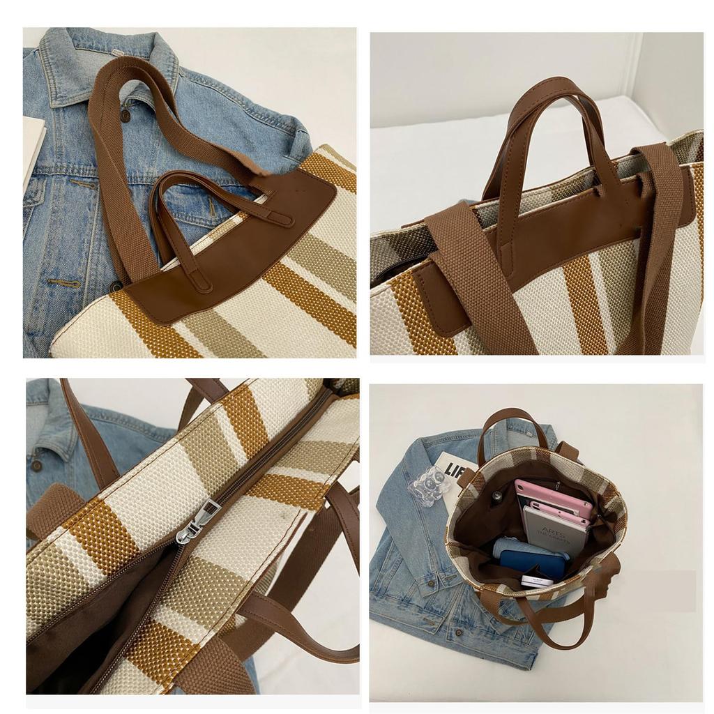 KSLAT Women's Shoulder Bag, Tote Bag, Large Capacity, Canvas Bag, A4 Size, Striped Pattern, Casual and Cute, Perfect for Travel, Commuting, School,