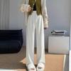 Women's White Corduroy Wide-Leg Pants with Velvet Lining, Petite Fit, Straight Leg - Autumn/Winter.