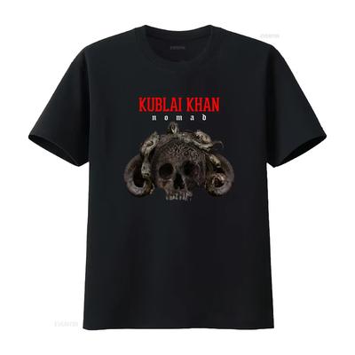 Gothic Heavy Metal Kublai Khan Nomad Skull Print Streetwear Casual T Shirt Vintage Washed Streetwear Fashion