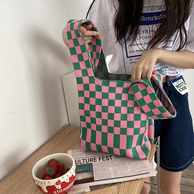 Knitted Plaid Bag Handmade Woven Tote Checkerboard Checker Clash Colour Shoulder Bag  Shopping Bag