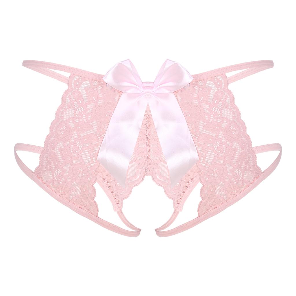 Pánské průsvitné krajkové G-string spodní prádlo se strappy T-back střihem bez rozkroku a mašličkou, dárek na líbánky