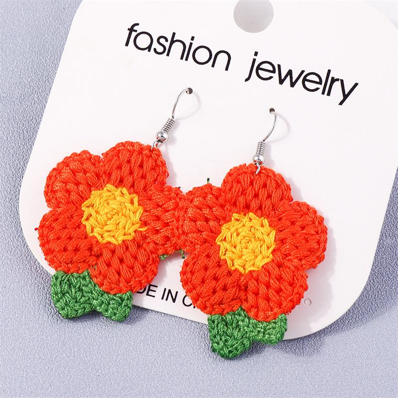 Fashion Colorful Flower Drop Earrings for Women Handmade Knitted Flower Dangle Hooks Earrings Girls Party Holiday Jewelry Gifts