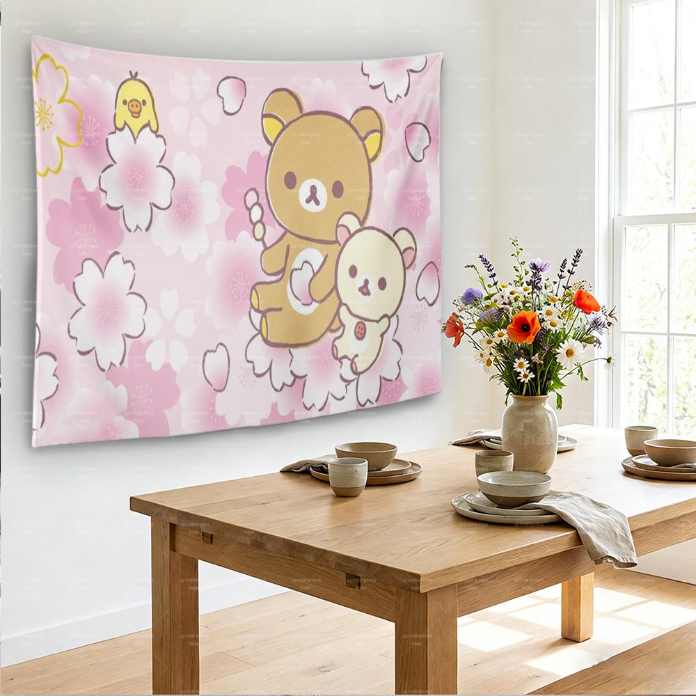 Kawaii Cherry Blossom Bear Floral Wall Tapestry Cute Aesthetic Dorm Wall Hanging