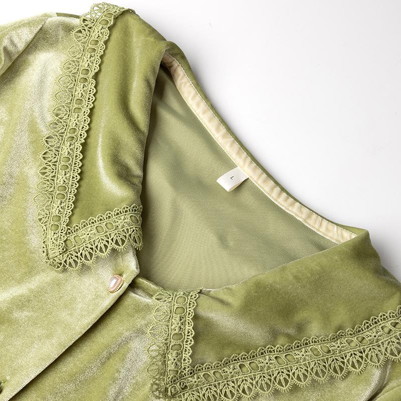 Velvet Lapel Pajamas Women's Sexy Lace Edging Sleepwear Loose Casual Home Wear Long Sleeved Cardigan Pants Two Piece Loungewear