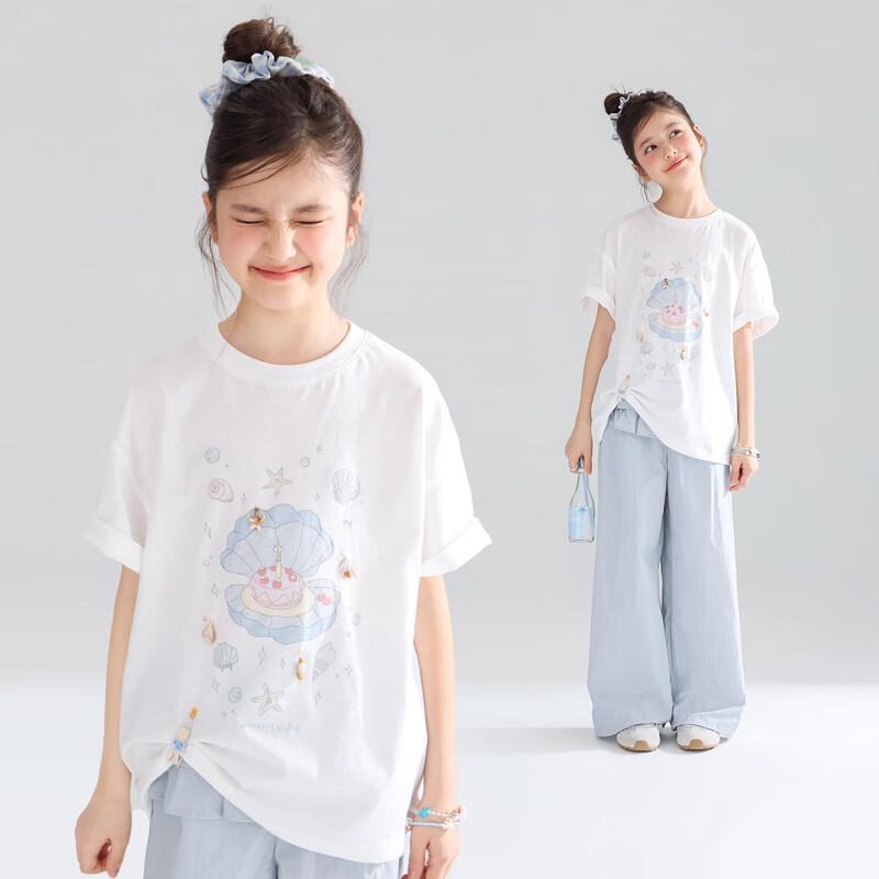 Mucmukn Girls  Ocean Party Shell Print Linen Blend T-shirt 120CM