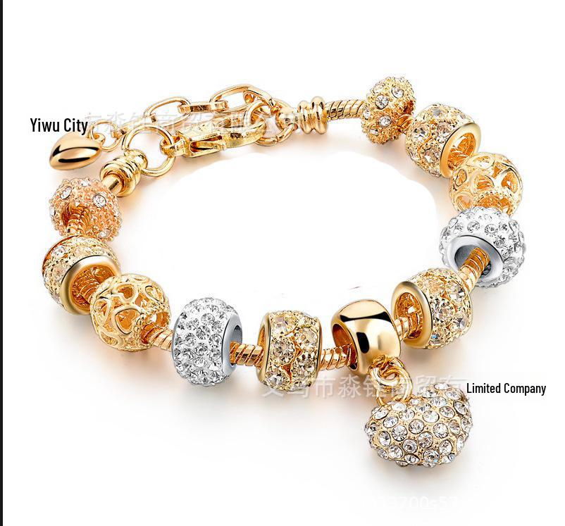 New Panjia Style Gold-Plated Beaded Bracelet with Full Diamond Love Design