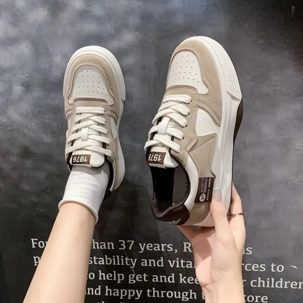 Color Block Casual Board Shoes Women's  Autumn Winter New Preppy Style Thick Sole Breathable Lace Up Sneakers