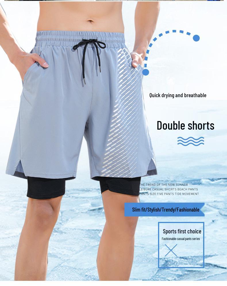 Men's Quick-Dry Double-Layer Running Shorts - Breathable, Printed, Five-Point Fitness Design.