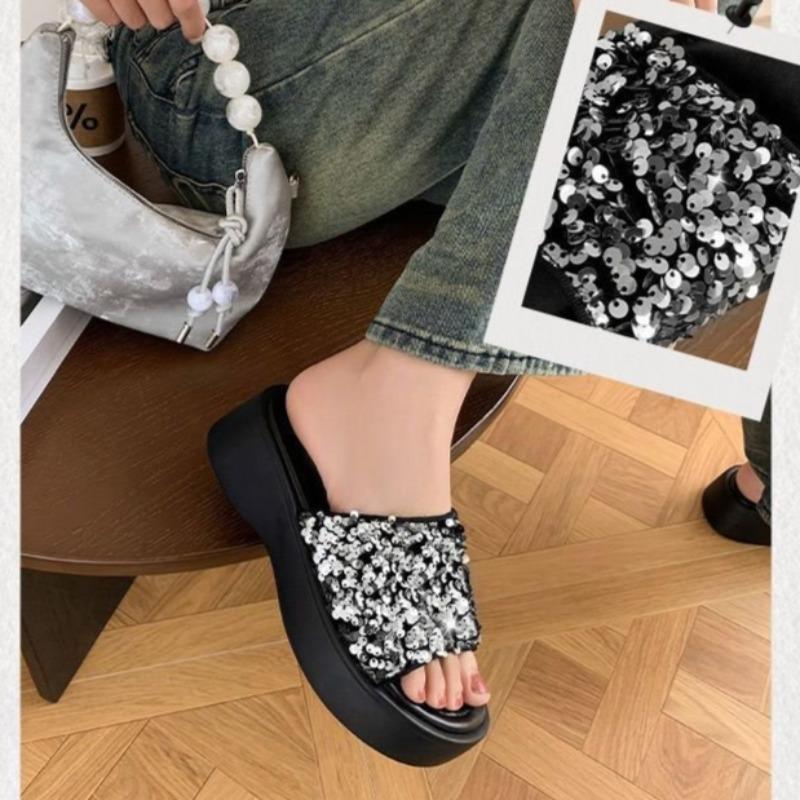 Fashion High Platform Flip-Flops Women's Summer Casual Slippers Crystal Wedge Slides Bling Chunky Sandals Open Toed Pull on Beach Shoes