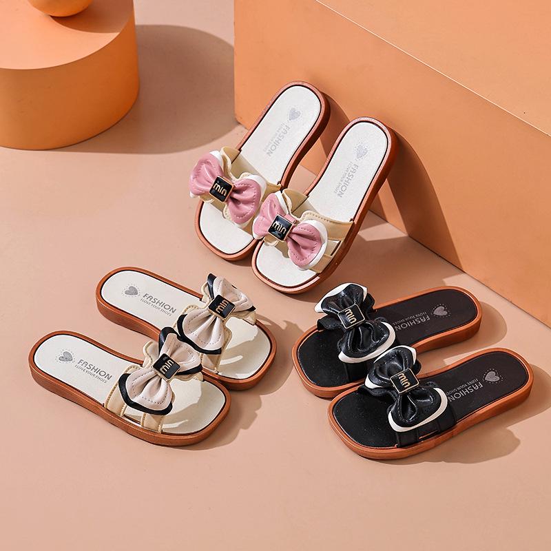 Letní dětské protiskluzové ploché sandály s mašlí – Roztomilé plážové pantofle pro dívky