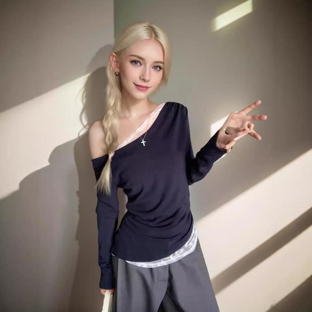 Off-Shoulder Spliced Lace Long-Sleeve Slim Top - 2024 New Pure & Sexy Autumn Style