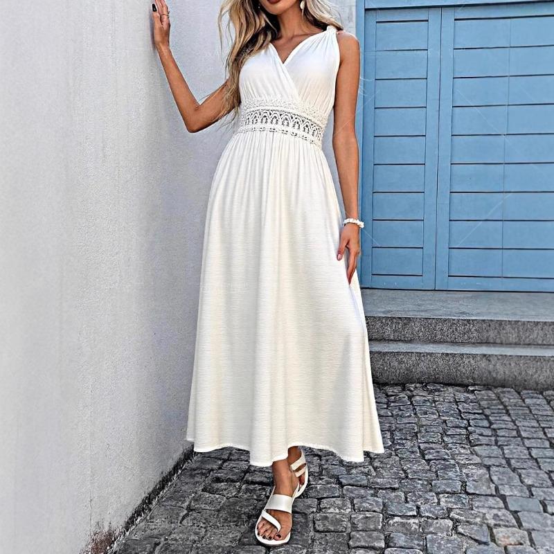 Fashion Sexy Cross V Neck Women Evening Party Dress High Waist Slim Lace Sleeveless Loose Casual Simple Elegant Long A-line Dresses Solid Clothing