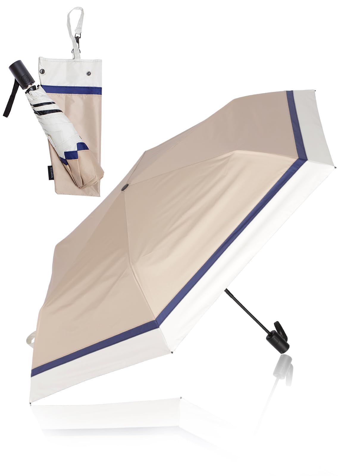 

KIZAWA Зонт из углеродного волокна с автоматическим УФ-светом, складной, уровень 5 водонепроницаемости, полный свет, теплоотражающий, складной зонт для 6, 53 см, основное ребро, бежевый x