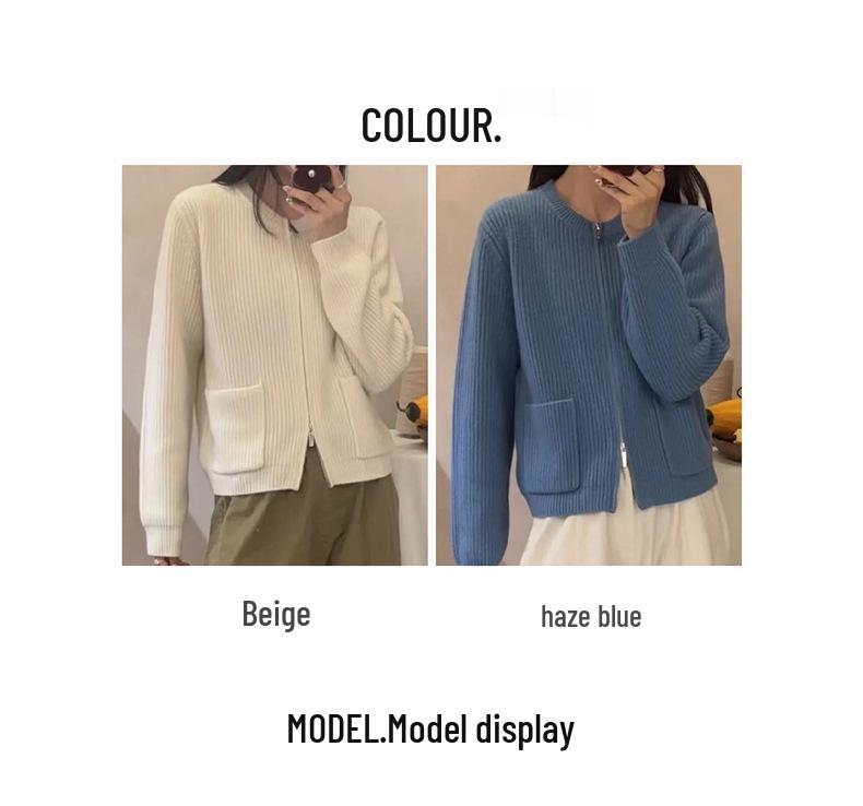 Women's Fashion Double Pocket Cashmere Cardigan - Round Neck, Double Zipper, Pure Wool Sweater Coat for Autumn/Winter
