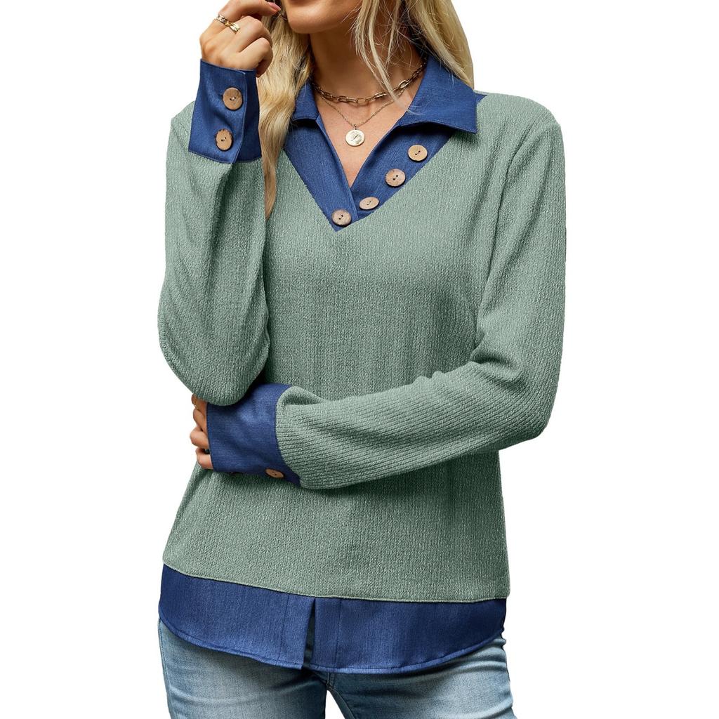 Women's Faux Two-Piece Denim Lapel Sweatshirt with Color Block and Button Front