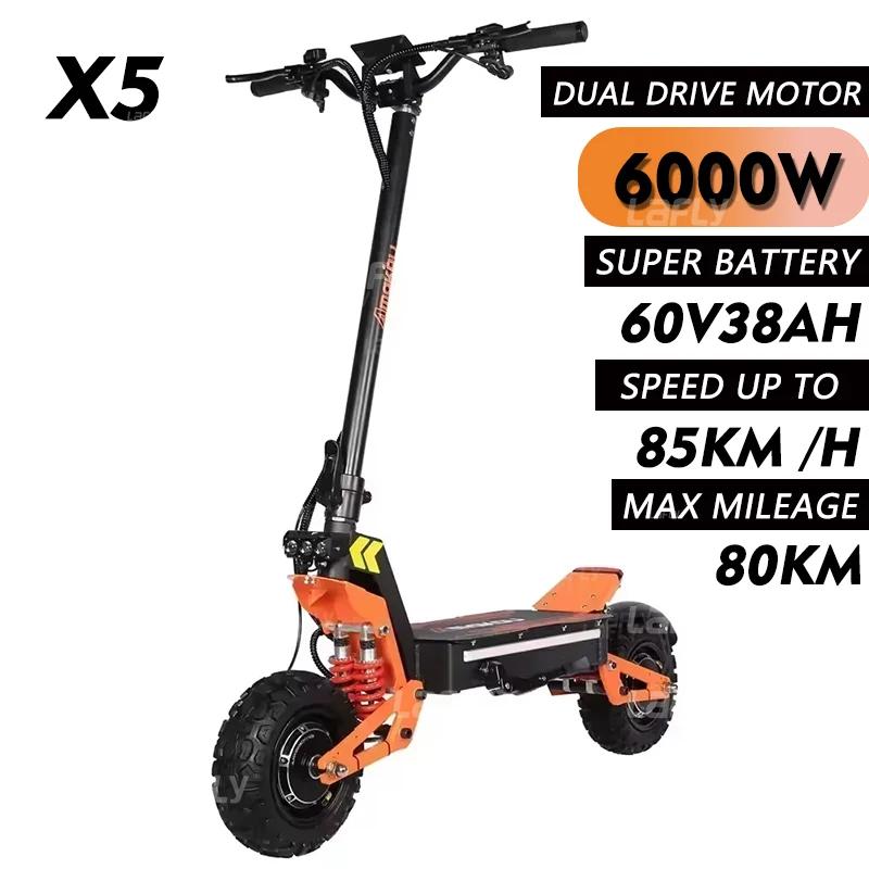 2026 Neuer X5 Elektroroller Doppelmotor 6000W 60V 38Ah Offroad SCHNELLE Geschwindigkeit 85-100km/h Maximale Akkulaufzeit 120km Faltbar