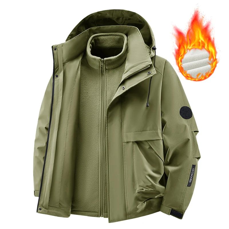

Autumn Winter Men Casual Jackets Men Solid Color Loose Hooded Jacket Male Waterproof Coats Man Windproof Three-in-One Jacket S