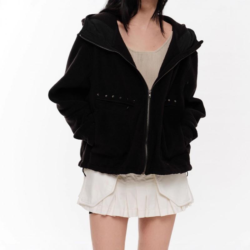 Womens Oversized Hooded Zip-Up Sweatshirt With Rhinestone Embellishment Streetwear Casual Pullover Winter 2025
