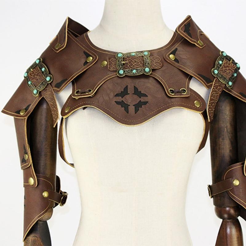 Medieval Faux PU Leathers Costume Armour Halloween Cosplay Warrior Armors Shoulder Armour, Double Shoulder Guard Harness