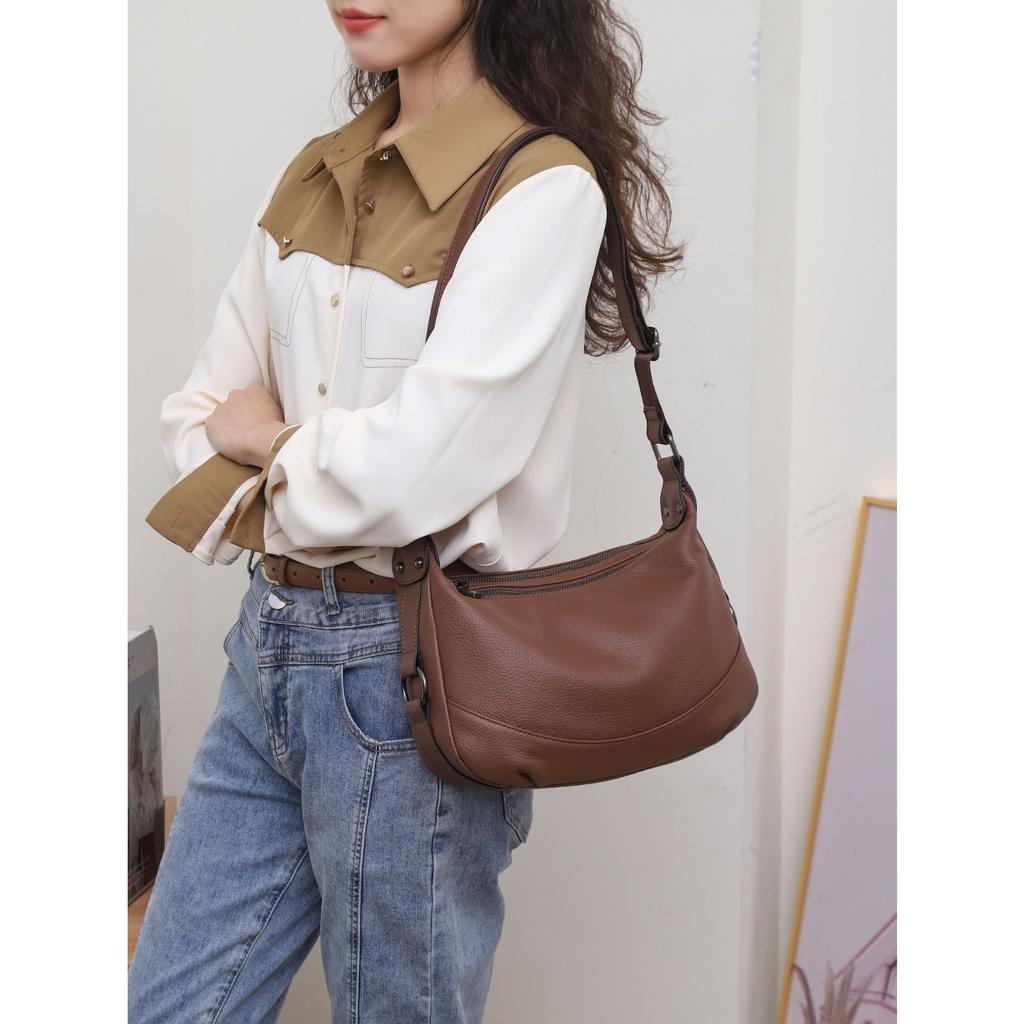 Cowhide Women Single Shoulder Crossbody Simple Multi-compartment Dumpling Bag Large Capacity Aunt Mother Bag