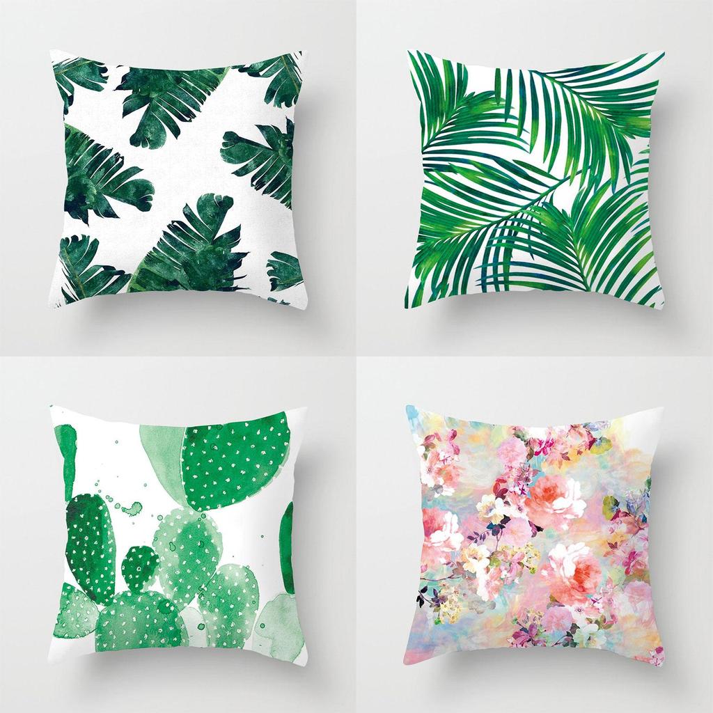 Elegant Green Tropical Plants Palm Tree Leaves Linen Pillow Case With Classic Design 18"x18