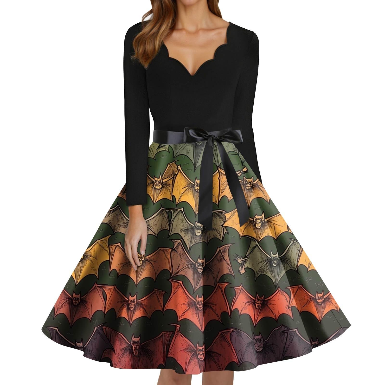 

Женское модное платье с V-образным вырезом, повседневное, облегающего кроя, с принтом на Хэллоуин, с длинным рукавом XXL