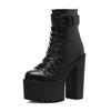 Fashion Women's Platform Chunky High Heel Ankle Boots Black Buckle Strap Lace Up Side Zipper Motorcycle Boots Punk Style Shoes