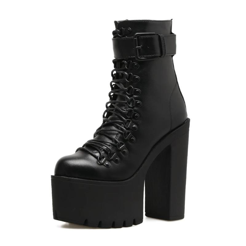 Fashion Women's Platform Chunky High Heel Ankle Boots Black Buckle Strap Lace Up Side Zipper Motorcycle Boots Punk Style Shoes