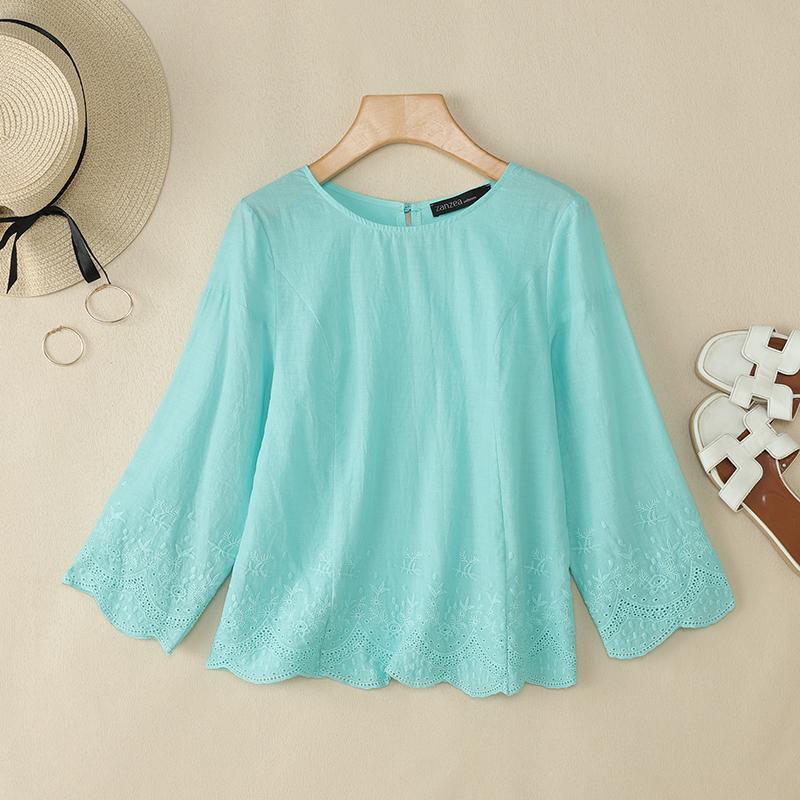 

ZANZEA Женская повседневная блузка с круглым вырезом, рукавами 3/4, свободного кроя, с вышивкой 4XL светло-зеленый