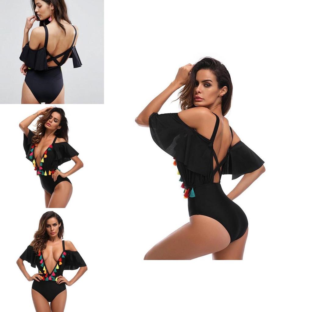 Enchanting Black Sexy Deep V One Piece Swimsuit Bikini Retro Bodysuit For Women