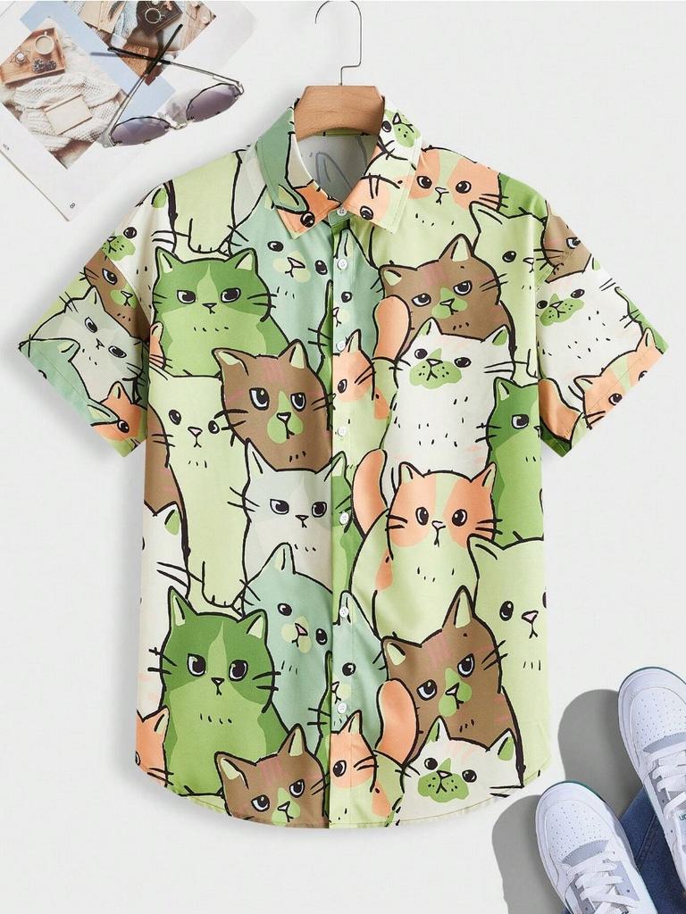Men's Cute Cat Print Casual Daily Wear 3d Printing Short Sleeve Shirt Fashion Hawaiian Shirts For Men Harajuku
